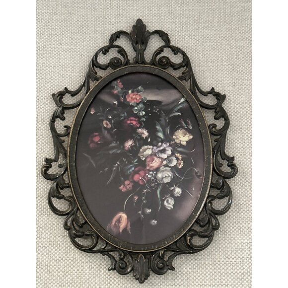 Set of 2 VTG Italian Ornate Oval Metal Frames Floral Prints Wall Hanging Baroque - Picture 8 of 12